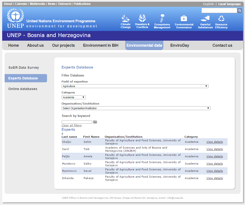 Expertensuche für UNEP Bosnien Herzegowina